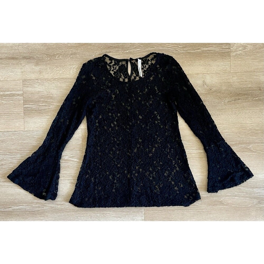 Black Floral Lace Bell Sleeve Blouse Women’s Small Whimsygoth Gothic Sheer Top - Picture 4 of 9
